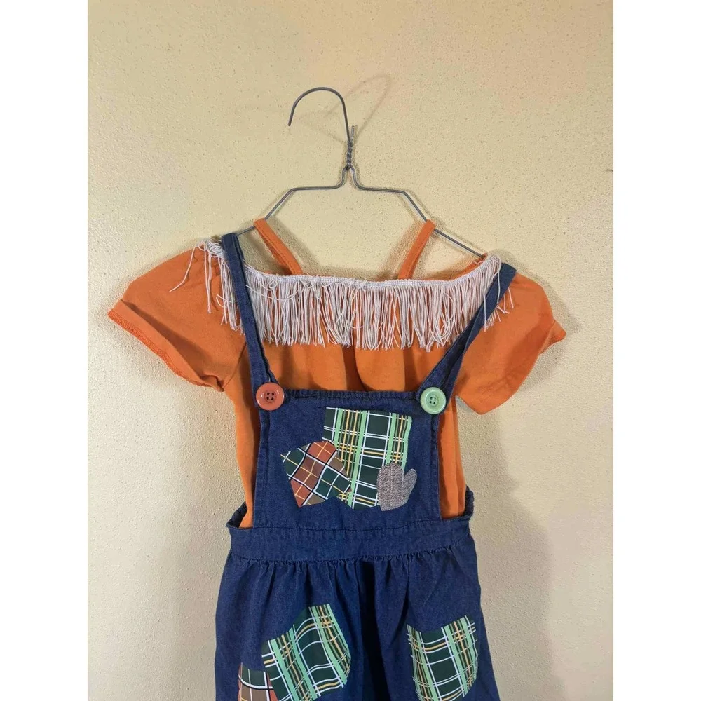 Kids Scarecrow Costume Outfit Set w/ Hat Overall T‎ Shirt Halloween Size 5/6